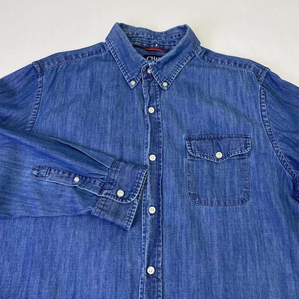 Chaps Mens Blue Denim Long Sleeve Button Down Shirt Large Cotton Pocket Logo
